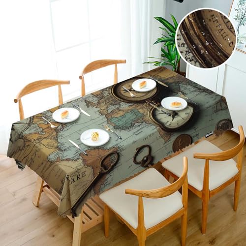 Ancient World Map Tablecloth 52x70 Inch Rectangular Retro Kitchen Cover for Dining & Parties - Bronze Coin & Skeleton Key Design