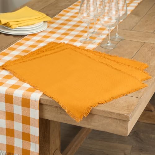 Check Table Runner 14x108 Inches Pumpkin Spice Fringed Cotton Farmhouse Style