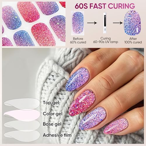 Semi Cured Gel Nail Strips with UV Light Required - Shiny Pink Blue 228, 22pcs