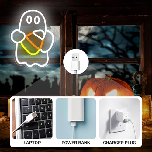 Halloween Neon Sign Dimmable Candy Corn Ghost Wall Decor - White Yellow Variation