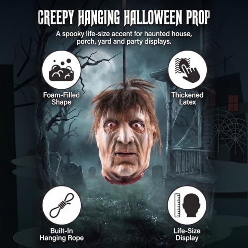 TIODIO Hanging Severed Head Halloween Prop - Life-Size Latex Zombie for Haunted House & Yard Decor - Multi100