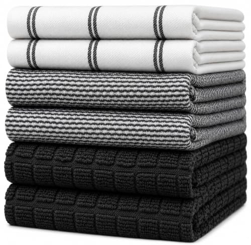Black Check Kitchen Towels 6 Pack 100% Cotton Dish Towels - Mixed Styles
