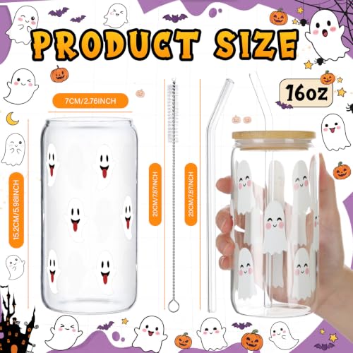 Halloween Ghost Glass Cups 16 oz Set with Lid Straw & Stopper - 6 Styles