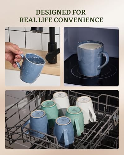 Aurora Blue Coffee Mug Set of 8 - 14oz Stoneware Cups with Handle, Elegant Glaze