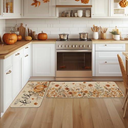 Pumpkin Hello Fall Kitchen Mat Set of 2 - 17x29 & 17x47 Beige
