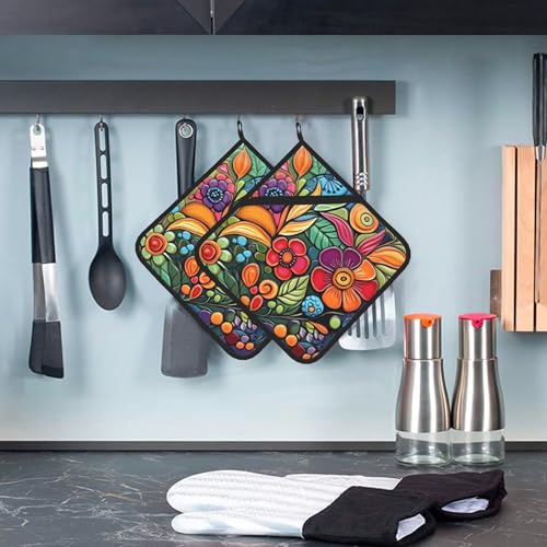 Colorful Boho Pot Holders Set of 2 - Heat Resistant Kitchen Oven Pads