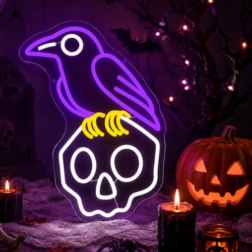 Crow Skull Neon Sign Halloween Neon Light LED Gothic Spooky Decor - Purple+Cool White+Lemon Yellow