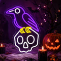 Crow Skull Neon Sign Halloween Neon Light LED Gothic Spooky Decor - Purple+Cool White+Lemon Yellow