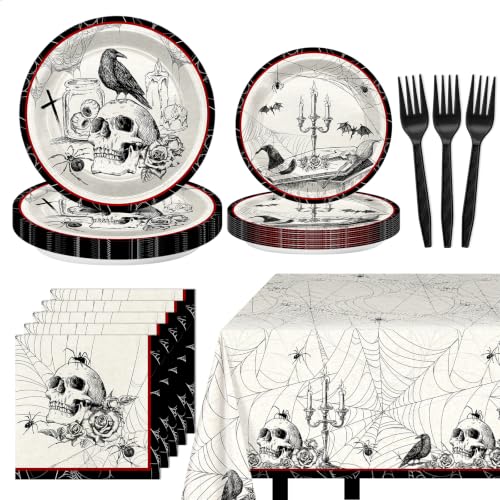 Gothic Halloween Party Plates & Napkins Set - Crow Skull Spooky Decor