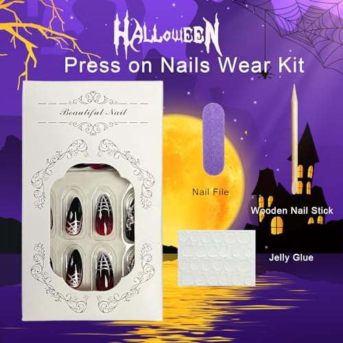 Halloween Press on Nails Medium Almond with 3D Spider Charms & Web Design - Variation of THIS listing