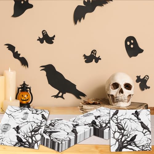 Halloween Paper Napkins with Black Crows & Silhouette Tree Design - 40 Pack