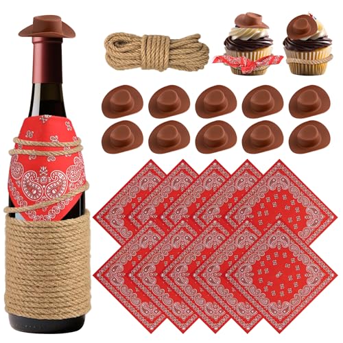Mini Cowboy Hats Plastic Western Tiny Cowgirl Hat with Bandanna for Crafts & Cake Decorations