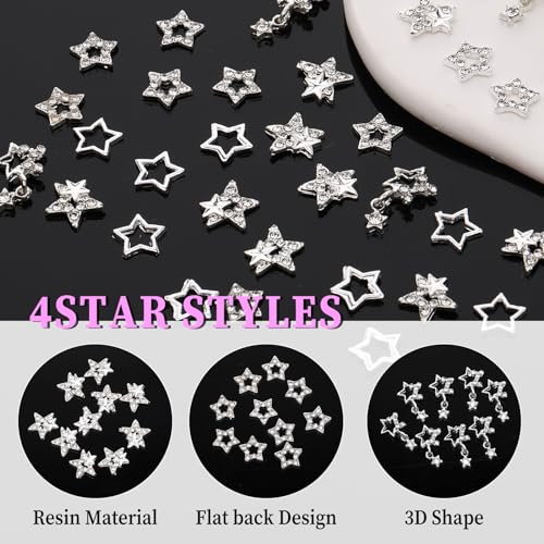 Silver 40Pcs Y2K Star Nail Charms Set with 3D Rhinestones - Multiple Styles
