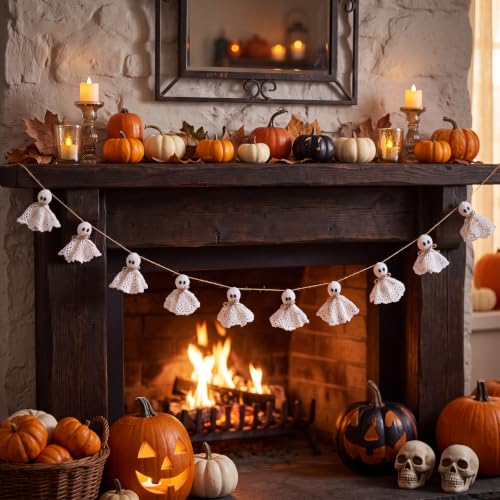 Halloween Ghost Garland 6.5 ft Lace & Jute Rustic Decor for Mantle & Party