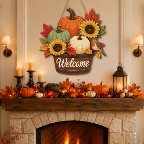 Wooden Fall Maple Sunflower Pumpkin Wreath for Front Door Welcome Sign - Color-G