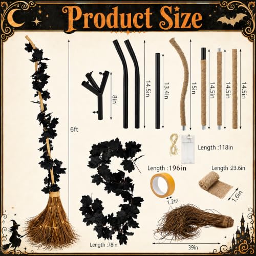 6ft Halloween Giant Witch Broom with Light-Up Rustic Farmhouse Decor