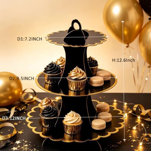 Black Gold 3-Tier Cardboard Cupcake Stand - Disposable Dessert Tower Set of 2