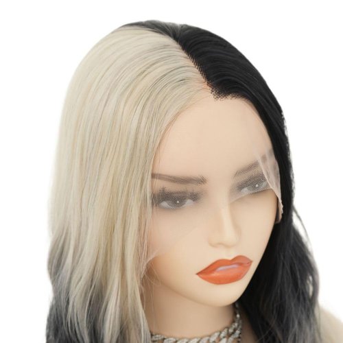 Salaibs White Ombre Black Lace Front Wigs for Women Long Curly Wavy Natural Synthetic Hair Wig for Daily Party Cosplay Halloween Use