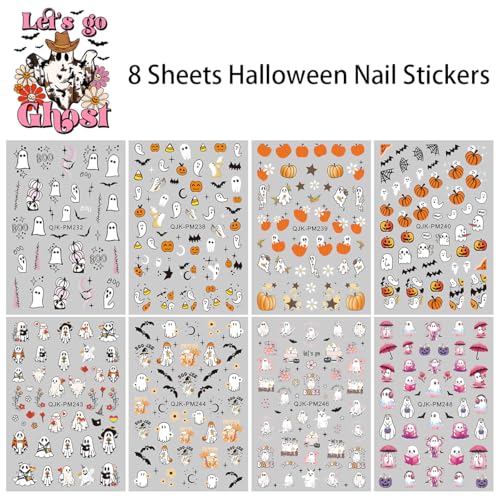 Halloween Nail Art Stickers - 3D Pumpkin Ghost Spider Web Bats Decals, Self-Adhesive, 8 Sheets - Halloween Edition