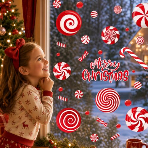 Christmas Candy Window Clings - Reusable Holiday Decor Sheets - Candy Cane Theme