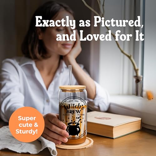 Clear Witch Halloween Glass Cup - 16oz Spooky Boo Coffee Mug with Lid & Straw