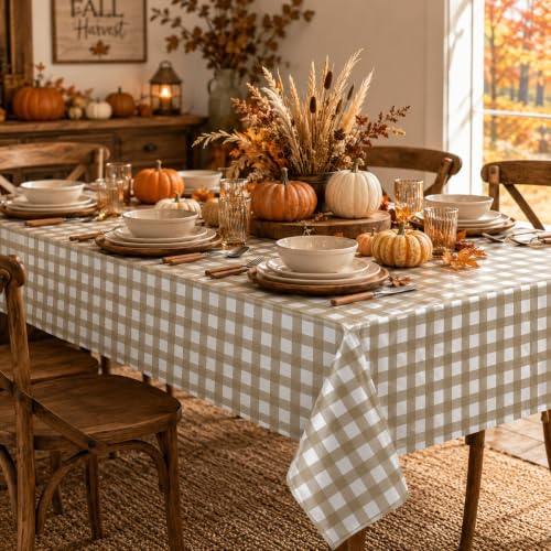 Khaki and White Gingham Tablecloth Set - 3 Pack 54x108 Inches for Parties & Events