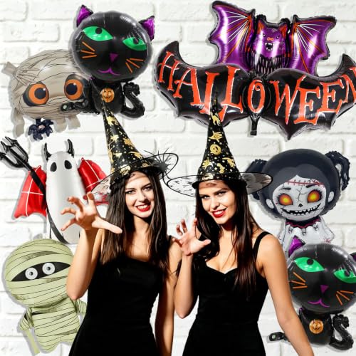 Halloween Balloons Pack with Bat Mummy Ghost Cat & Horror Doll Foil Balloons - Indoor Outdoor Decorations