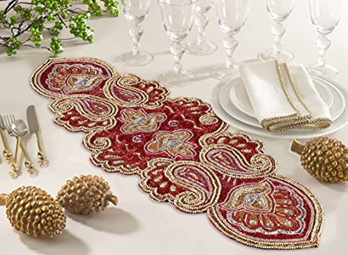 Handmade Beaded Table Runner 13x36 Inches Teal Gold Silver - Paisley Design, Charcoal Silver Gold Variation