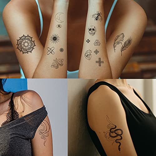 Gothic Black Temporary Tattoos Set - 60 Pcs Vintage Skeleton Snake & Dark Design Stickers