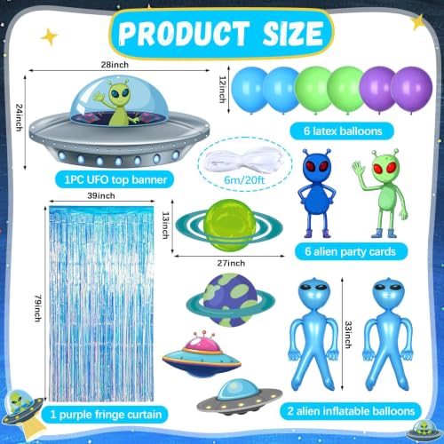 Blue Alien UFO Birthday Decorations Kit with Backdrop and Balloons - Alien Party Supplies