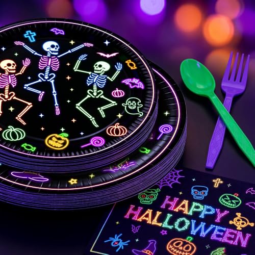 Neon Halloween Party Supplies Set - 168 Pieces for 24 Guests