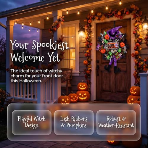 Halloween Wreath for Front Door - 20 Inch Whimsical Mesh Decor with Witch Accents