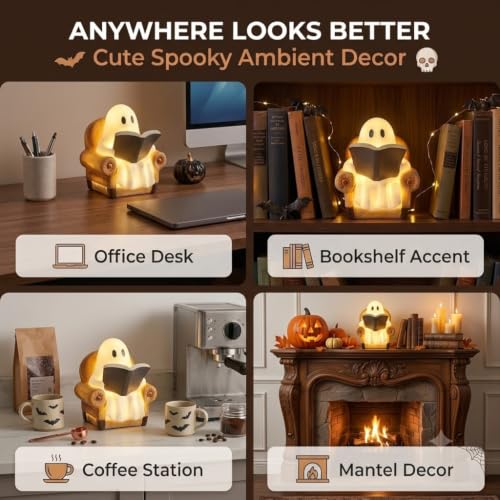 Cute Ghost Book Lamp with LED Light - Halloween & Reading Nook Decor