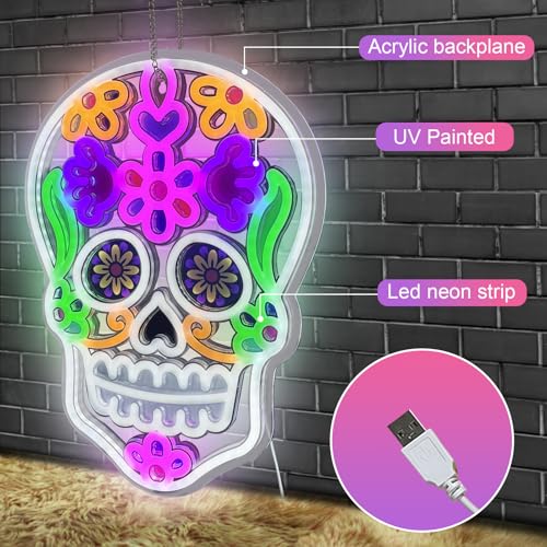 Day of the Dead Neon Sign - Mexican Sugar Skull LED Wall Light for Halloween & Party Decor