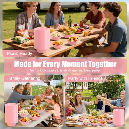 Pink Disposable Plastic Bowls (100 Pcs) - 12oz Party, Salad, Dessert, Picnic