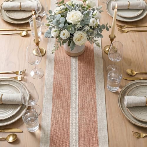 Caramel Braided Striped Rustic Chenille Table Runner 13x72 Inch for Autumn Fall Decor