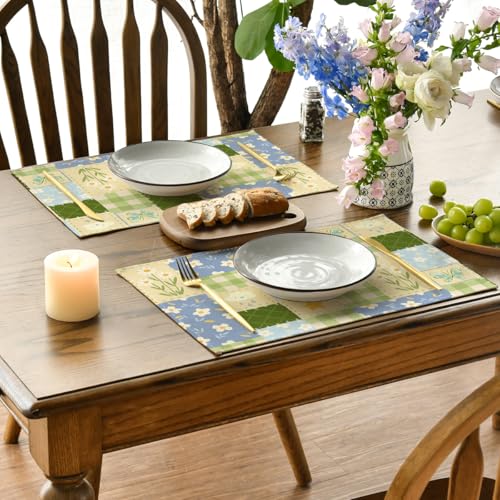 Patchwork Buffalo Plaid Floral Placemats Set of 4 - Seasonal Summer Table Decor