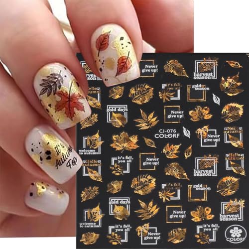 Fall Nail Stickers Set - Glitter Maple Leaf Butterfly Squirrel 3D Decals, Style 8