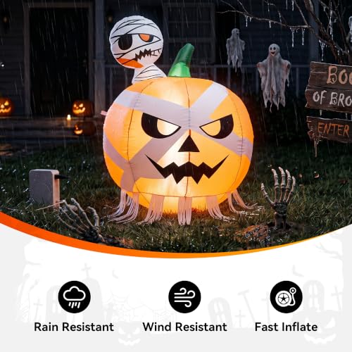 Halloween Inflatable Mummy & Pumpkin Duo with LEDs - 4FT Outdoor Yard Decor - Horror Pumpkin Variation