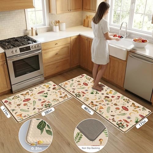 Anti-Fatigue Mushroom Kitchen Mat Set 46x17 + 29x17 Beige Non Slip Waterproof Cushioned Floor Rugs