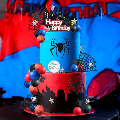 Spider Cake Topper Set - Blue-Red Halloween & Birthday Party Decorations