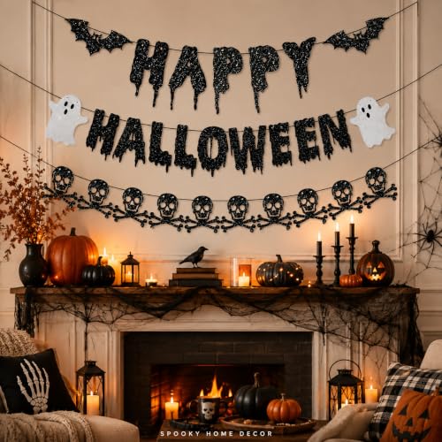 Halloween Banner Decorations with Bat Ghost Skull Glitter Pre-Strung Party Supplies