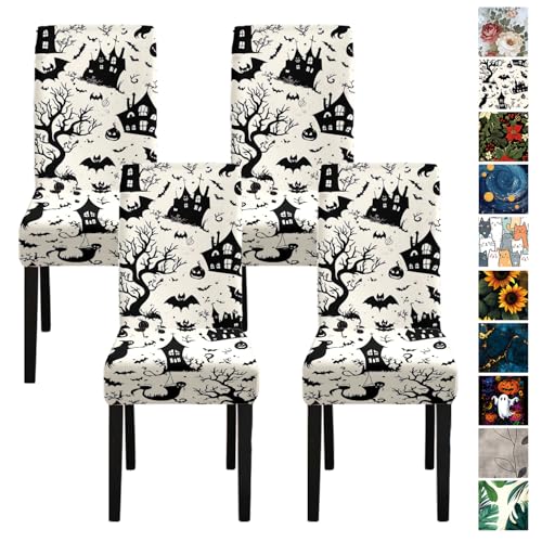 Halloween Chair Covers for Dining Room – Spooky Black & White Slipcovers with Haunted House & Bats, 4/04 Variation