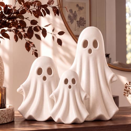 White Halloween Ghost Figurines Set of 3 - Terracotta Decor for Spooky Seasonal Display