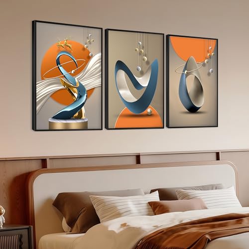 Black-Framed 3-Piece Modern Abstract Canvas Wall Art - Golden Deer, Foil Lines, 12x16in