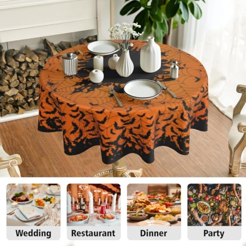Halloween Bat Round Tablecloth 60 Inch Orange Black Spooky Spatter Design - Washable & Reusable