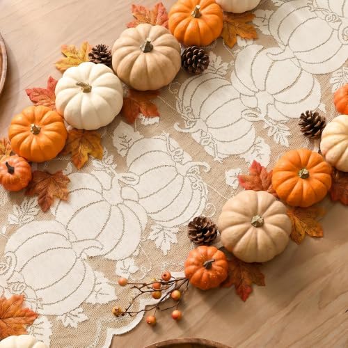 Beige Lace Jacquard Pumpkin Leaf Fall Table Runner 13x72 Inch - Artoid Mode