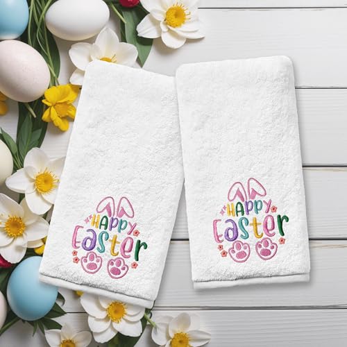 Easter Hand Towels Set of 2 - Pink Cotton Bunny Kitchen & Bathroom Decor 14x30 inches - Variation of Easter / 14x30 in