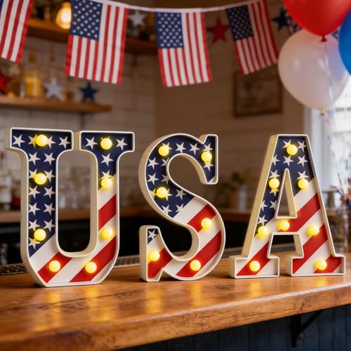 Patriotic USA Marquee Light Letters for 4th of July Decorations - Indoor Outdoor LED Sign