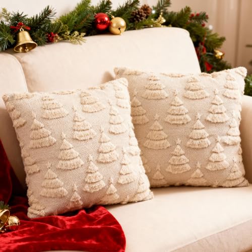 Christmas Tree Pattern Faux Fur Pillow Covers Set of 2 - 18x18 Inches Beige